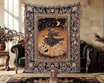 Amber Witch Gothic Folklore Blanket | Celestial Black Cat Halloween Decor Maximalist Woven Wall Tapestry Folklore Aesthetic Cottagecore |