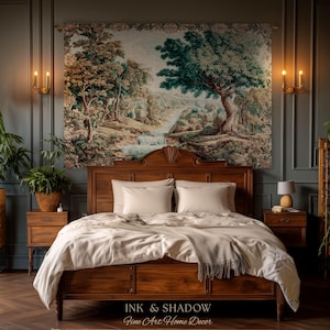 Scenic Countryside Woodland Wall Art River Tapestry | European Landscape Vintage Forest Woven Throw French Verdure Tranquil Nature Decor