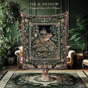 Whimsical Folklore Toad Castle Tapestry | Ethereal Landscape Elegant Botanical Throw Blanket Gothic Victorian Eclectic Aesthetic Frog & Toad