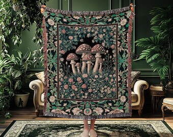 Fairytale Bedroom Mushroom Tapestry | Whimsical Wonders Botanical Forest Decor Whimsigoth Woven Throw Blanket Cute Cottagecore Fungi Fairy |