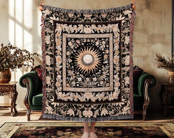 Divine Aesthetic Sun and Moon Tapestry | Magical Astrology Celestial Whimsigothic Boho Woven Wall Art Mystic Magic Maximalist Throw Blanket