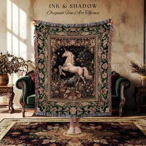 Medieval Fantasy Unicorn Woven Tapestry | Floral Fairytale Pegasus Decor Castlecore Romantic Baroque Style Mystical Forest Gothic Blanket |