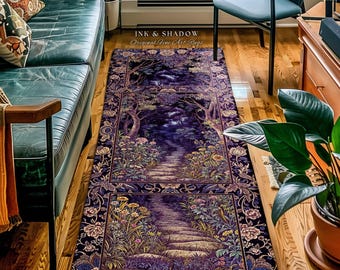 Magical Woodland Mushroom Runner Rug | Fairytale Theme Woodland Botanical Aesthetic Whimsical Home Entryway Rug for Hallway Purple Woods |