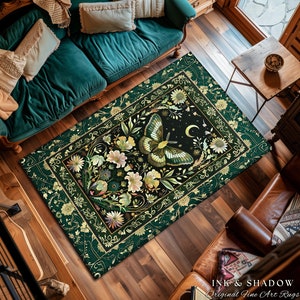 Moth Area Rug Dark Green Cottagecore Moth Rug Ethereal Botanical Fairycore Decor ...