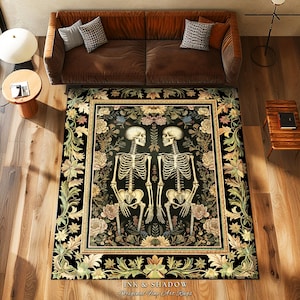 Light Academia Botanical Skeleton Art Rug for Bedroom | Victorian Gothic Skeleton Couple Gift Cottagecore Dark Floral Rug Witchy Room Decor