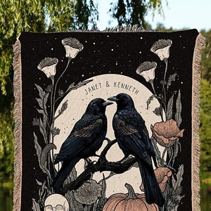 Personalized Crow Couple Blanket Woven Tapestry | Custom Goth Couple Gift Raven Tapestry | Name Blanket Anniversary Gift for Goth Couple |