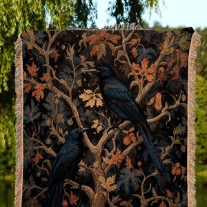 Gothic Room Decor Raven Tapestry Vintage Throw Blanket Woven | Crow Decor Dark Cottagecore Tapestry Woven Throw Blanket Whimsigoth Tapestry