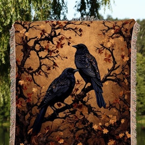 Crow Decor Gothic Tapestry Whimsigoth Blanket | Dark Cottagecore Tapestry Raven Home Decor | Crowcore Woven Goth Blanket Witchy Room Decor |