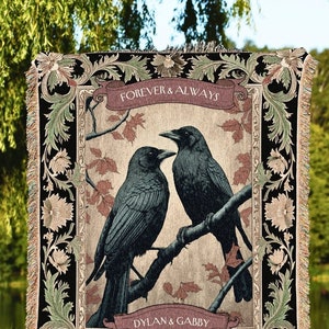 Dark Academia Crow Couple Cozy Throw | Crow Core Aesthetic Witchy Blanket Woven Custom Name Gift Tapestry Victorian Gothic Dark Floral |