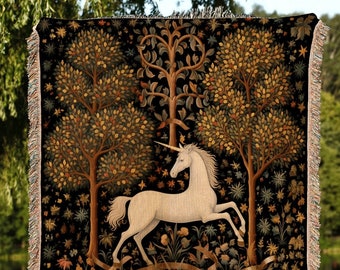 Medieval Unicorn Art Blanket Woven | Whimsical Room Decor Tapestry Cottagecore | Fairycore Aesthetic Room Decor Magical Tapestry Unicorn Art