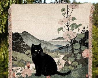 Boho Cat Tapestry Blanket | Japanese Room Decor Van Gogh Inspired Art Blanket | Autumn Decor Tapestry Black Cat Blanket Dorm Room Decor Boho