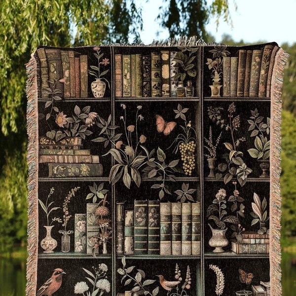 Dark Academia Bookshelf Blanket | Gift for Reader Eclectic Cat Person Tapestry Boho Room Decor Dark Botanical Woven Wall Art Cottagegoth |