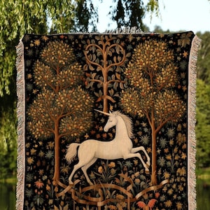 Medieval Unicorn Art Blanket Woven | Whimsical Room Decor Tapestry Cottagecore | Fairycore Aesthetic Room Decor Magical Tapestry Unicorn Art