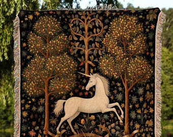 Medieval Unicorn Art Blanket Woven | Whimsical Room Decor Tapestry Cottagecore | Fairycore Aesthetic Room Decor Magical Tapestry Unicorn Art