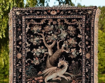 Medieval Aesthetic Dragon Blanket | Fairytale Inspired Nursery Decor Morris Style Cottagecore Fairycore Woven Throw Tapestry Botanical |