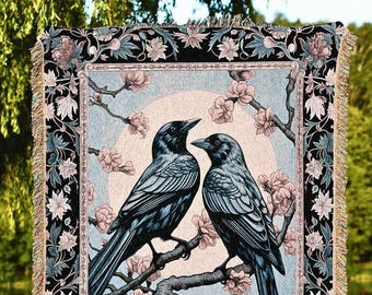 Moonlit Raven Tapestry Throw Light Gothic Woodland Ethereal Forest Floral Cottagecore, Enchanted Nature Full Moon Whimsigothic Crowcore Art