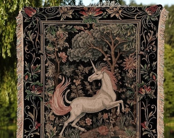 Folklore Unicorn Woven Tapestry | Princesscore Room Decor Cottagecore Throw Blanket Aesthetic Fairycore Bedroom Magical Unicorn Art Medieval