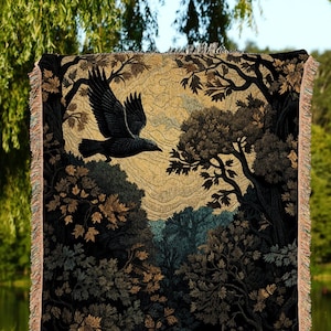 Crowcore Whimsigoth Tapestry Goth Blanket Woven Throw Blanket | Crow Decor Witchy Decor Bedroom Landscape Tapestry Dark Cottagecore Decor