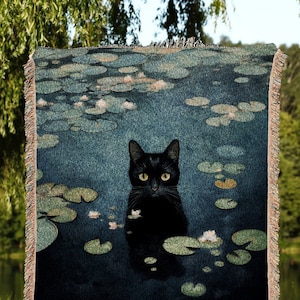 Vintage Cat Tapestry Woven Wall Art Claude Monet Pond of Water Lilies Poster Black Cat Art | Funny Tapestry Monet Water Lilies Famous Art |