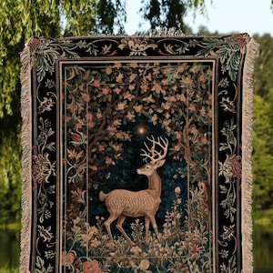 Forest Spirit Mystic Deer Blanket Woven | Cottagecore Room Decor William Morris Inspired Forest Aesthetic Fairycore Tapestry Ethereal Deer