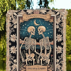 Lovers in the Moonlight Tarot Aesthetic Blanket | Skeleton Couple Tapestry Wedding Anniversary Gift Personalized Thoughtful Custom Names |