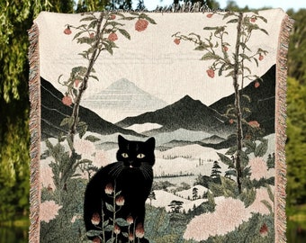 Vintage Cat Tapestry Blanket Woven | Japanese Tapestry Boho Room Decor Blanket | Autumn Decor Tapestry Black Cat Blanket Dorm Room Decor |