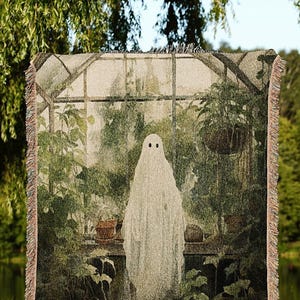 Greenhouse Ghost Vintage Halloween Blanket Woven | Botanical Tapestry Vintage Ghost Art Woven Tapestry Halloween Decor Dark Academia Blanket