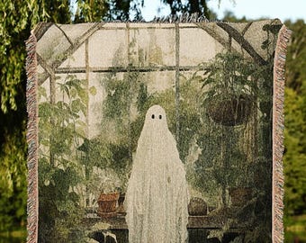 Greenhouse Ghost Vintage Halloween Blanket Woven | Botanical Tapestry Vintage Ghost Art Woven Tapestry Halloween Decor Dark Academia Blanket