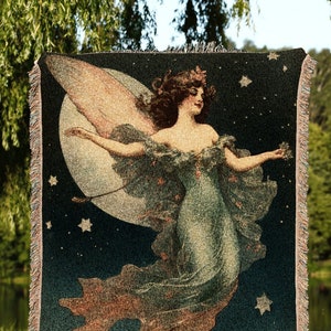 Celestial Tapestry Woven Blanket Vintage Fairy Aesthetic Celestial Wall Art | Cottagecore Decor Halloween Vintage Tapestry Woven Art Blanket