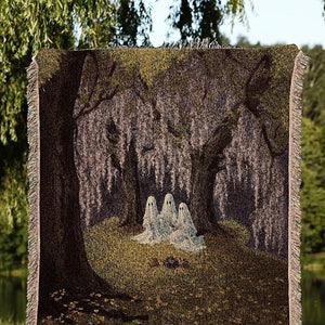 Ghost Picnic Blanket Floral Tapestry Woven Wall Hanging | Halloween Vintage Ghost Art Woven Tapestry Blanket Halloween Decor Dark Academia |