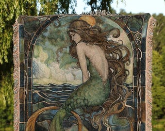 Cottagecore Mermaid Blanket Woven | Fairycore Bedroom Celestial Siren Throw Ethereal Tapestry Sirencore Decor Witchy Stained Glass Aesthetic