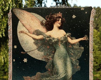 Celestial Tapestry Woven Blanket Vintage Fairy Aesthetic Celestial Wall Art | Cottagecore Decor Halloween Vintage Tapestry Woven Art Blanket