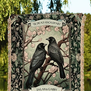 Woven Tapestry Crow Blanket Couples Gift | Dark Academia Aesthetic Personalized Woven Throw Lovebirds Gift for Girlfriend Floral Raven |