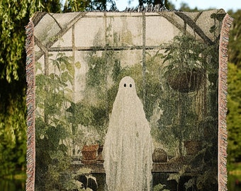 Greenhouse Ghost Vintage Halloween Blanket Woven | Botanical Tapestry Vintage Ghost Art Woven Tapestry Halloween Decor Dark Academia Blanket