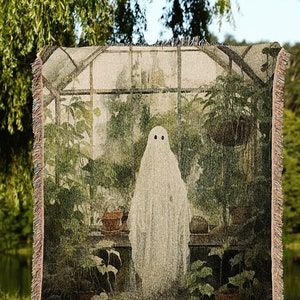 Greenhouse Ghost Vintage Halloween Blanket Woven | Botanical Tapestry Vintage Ghost Art Woven Tapestry Halloween Decor Dark Academia Blanket