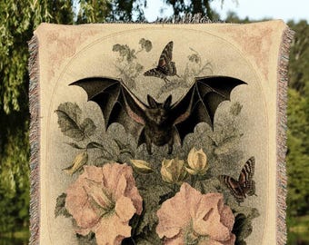 Bat Lithograph Antique Tapestry Blanket Woven Wall Hanging | Bat Decor Dark Academia Room Decor Vintage Tapestry Woven Throw Blanket Gothic