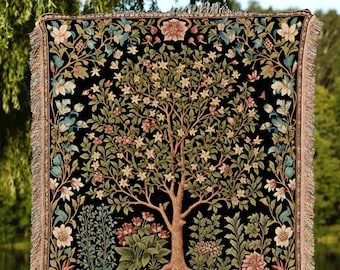 Floral Tapestry Tree of Life Design | Folklore William Morris Inspired Throw Botanical Tapestry Medieval Aesthetic Nordic Renaissance Decor