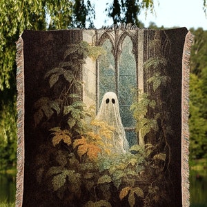 Haunted Ghost in Window Spooky Vibes | Fall Aesthetic Vintage Ghost Art Woven Tapestry Halloween Decor Dark Academia Wall Art Ghost Blanket