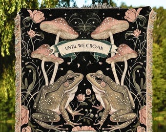 Until We Croak Frog Couple Throw Blanket | Woodland Mushroom Gothic Tapestry Woven Personalized Anniversary Cottagecore Gift for Frog Lover