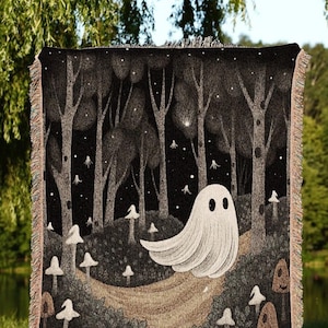 Woodland Mushroom Blanket Woven | Dark Cottagecore Room Decor Whimsical Wall Art Woodland Ghost Painting Mushroom Wall Art Whimsigoth Decor