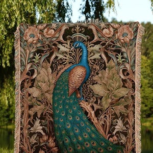 Folk Art Peacock Tapestry Woven | Woodland Maximalist Blanket Woven Tapestry William Morris Style Woodland Decor Dark Cottagecore Peacock |