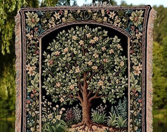 Tree Of Life Woven Blanket | William Morris Inspired Throw Botanical Tapestry Medieval Aesthetic Nordic Tapestry Renaissance Room Decor |