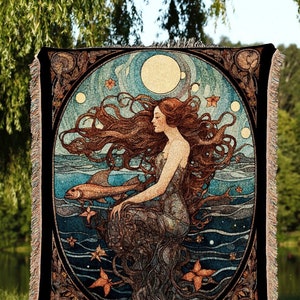 Art Nouveau Tarot Mermaid Tapestry Mermaidcore Wall Art Siren Celestial Decor Throw Blanket Woven | Mermaid Aesthetic Sea Witch Tapestry |