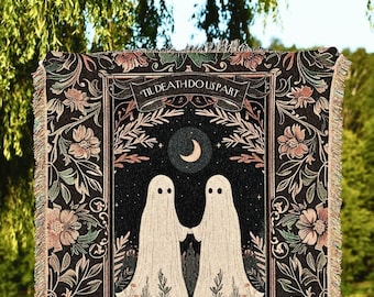 Boho Ghost Couple 'Till Death Do Us Part' Tapestry | Personalized Gothic Wedding Blanket Woven Ghost Gifts His & Hers Anniversary Gifts |