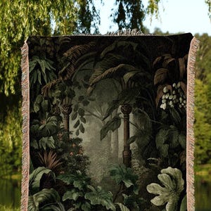 Misty Forest Tapestry Gothic | Woven Cotton Throw Blanket Dark Cottagecore Botanical Blanket Forest Tapestry Fairycore Bedroom Decor Jungle