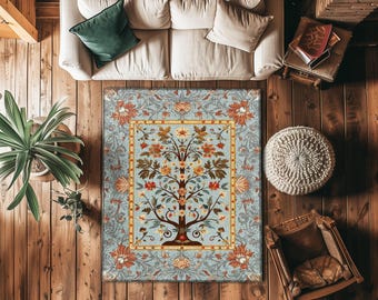 Fairycore Aesthetic Tree of Life Rustic Area Rug | Folk Art Living Room Pastel Blue Rustic Decor Housewarming Gift Cottagecore Bedroom Mat