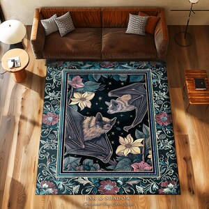 Moody Dark Acedemia Tapestry Woven Bat Rug Starry Night Woodland Gothic Floral Decor, Antique Aesthetic Victorian Botanical Whimsigothic Art imagen 5