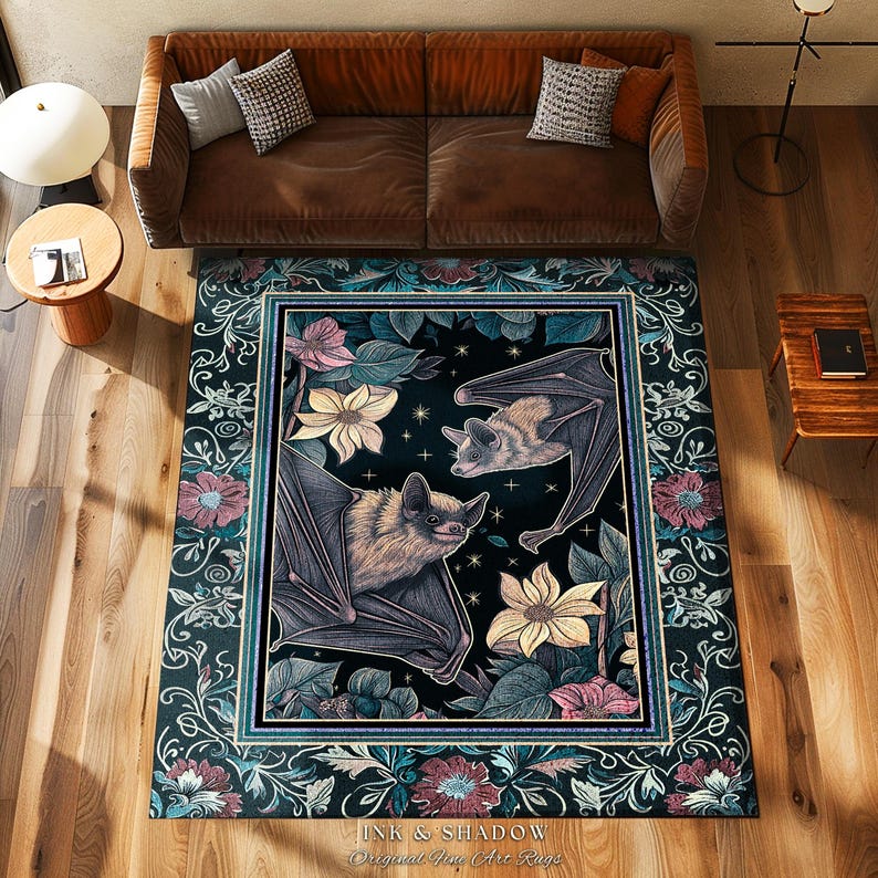 Moody Dark Acedemia Tapestry Woven Bat Rug Starry Night Woodland Gothic Floral Decor, Antique Aesthetic Victorian Botanical Whimsigothic Art imagen 5