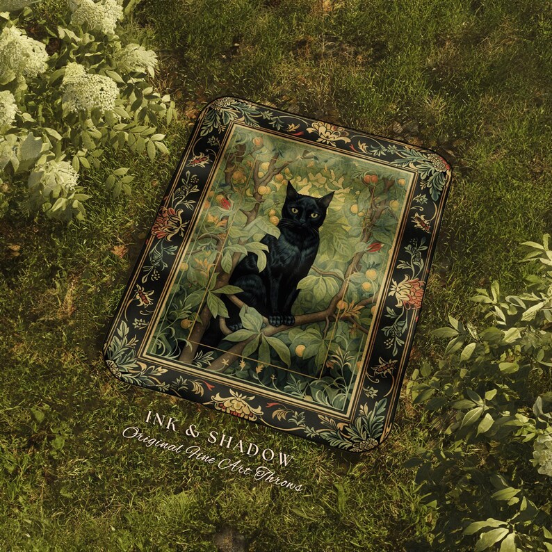 Black Cat Botanical Blanket | Dark Floral Bedroom Decor Cottagecore Reading Corner Gothic Tapestry Woven Dark Fairycore Room Woodland Art image 9