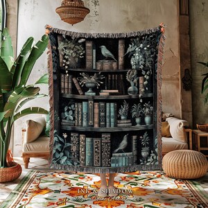Moody Botanical Bookshelf Tapestry | Cottagecore Gift for Bookworm Whimsical Book Lover Blanket Goth Room Decor Dark Witchy Bedroom Wall Art